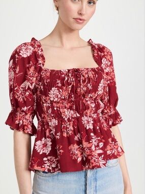 ❤️ Playa Lucia Smocked Square Neck Floral Puff Sleeve Top ❤️ Size Medium